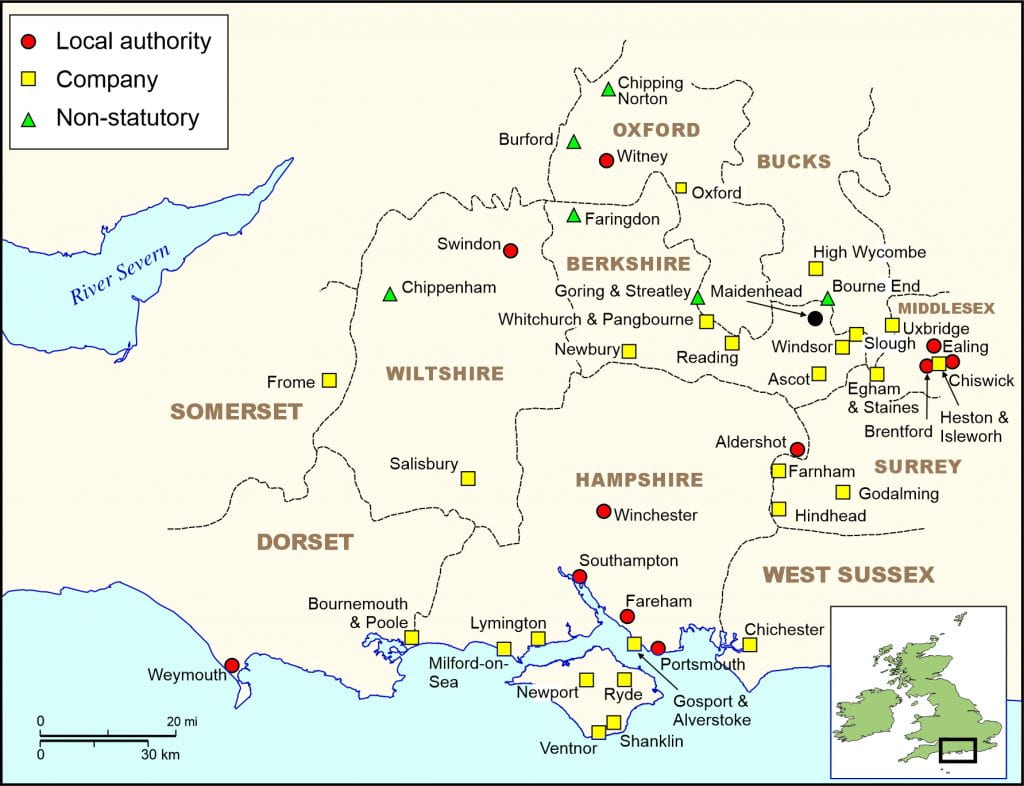 Map showing local authrities, companys and non-stautaory with point symbols